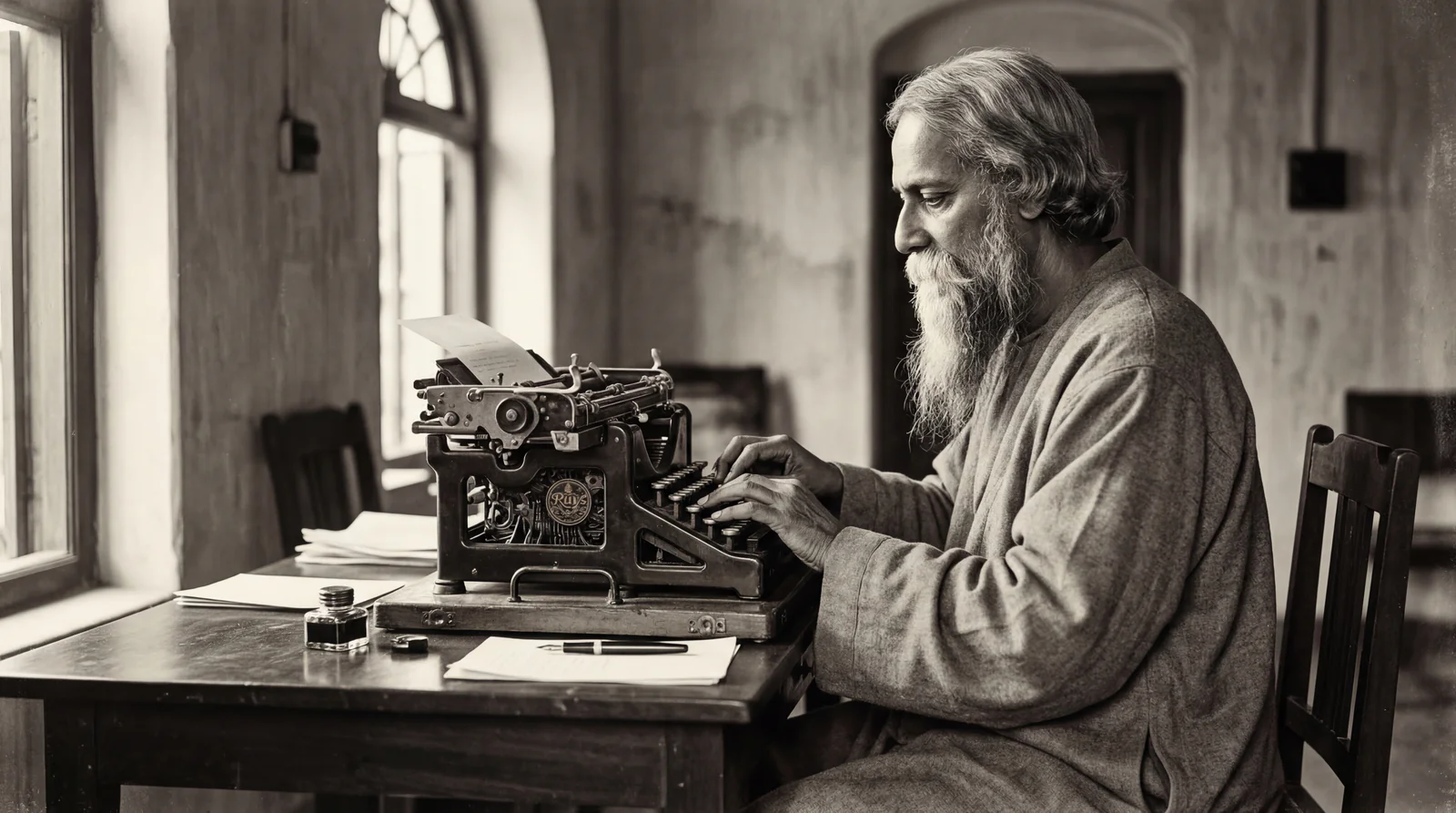 Rabindranath Tagore writing at a typewriter